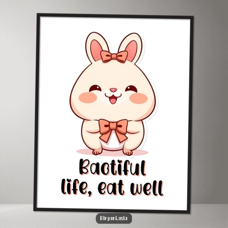 Funny Free Printable Wall Art: A smiling bao bun with rosy cheeks takes a tiny bow, adding sweet and whimsical decor.