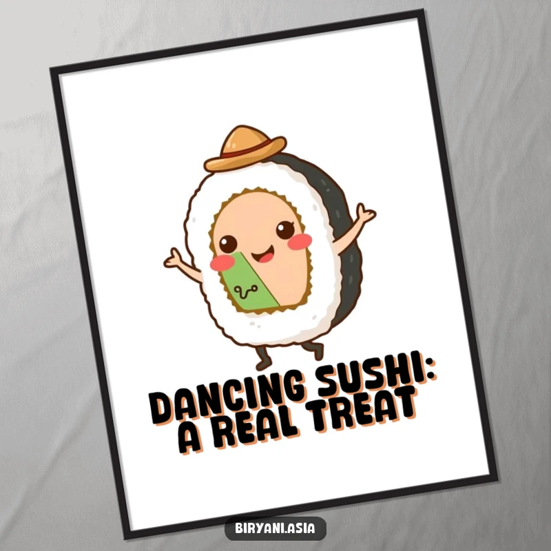 Funny Free Printable Wall Art: A smiling sushi roll in a tiny hat enthusiastically tap dances, bringing quirky charm to any room.