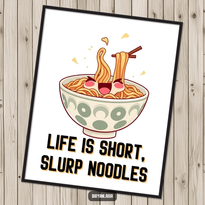 Funny Free Printable Wall Art: A joyful bowl of ramen noodles juggles itself with tiny chopsticks, adding whimsical decor.