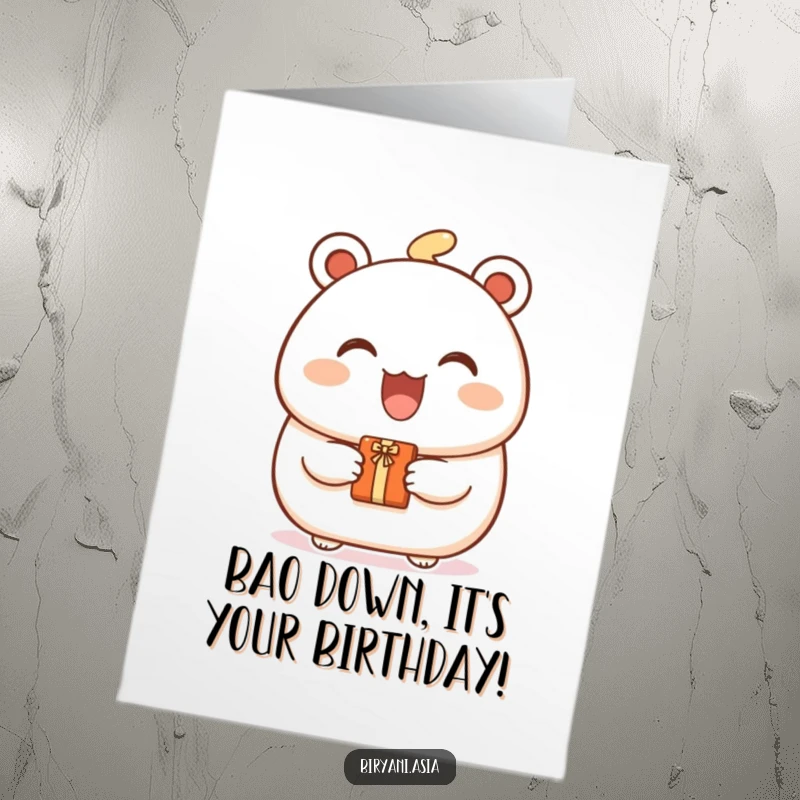 Funny Free Printable Bao Bun Birthday Card: Joyful bao bun character with a big smile offering a tiny gift.