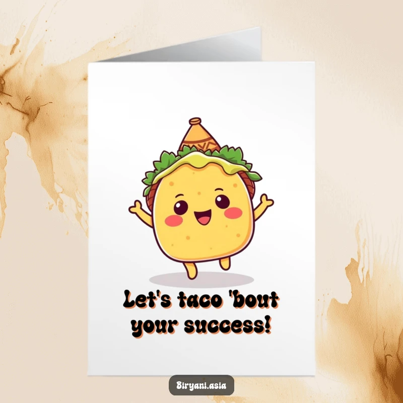 Funny Free Printable Congratulations Card: A happy taco in a sombrero bounces high, celebrating your amazing achievement with enthusiasm.