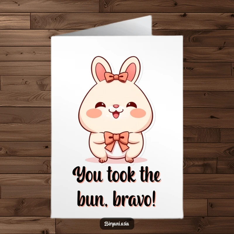 Funny Free Printable Congratulations Card: A smiling bao bun with rosy cheeks takes a tiny bow, congratulating your success.