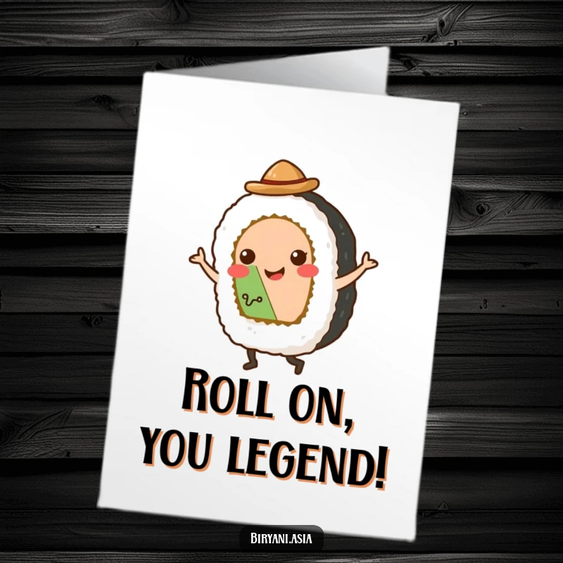 Funny Free Printable Congratulations Card: A sushi roll wearing a hat tap dances with excitement, celebrating your big win.