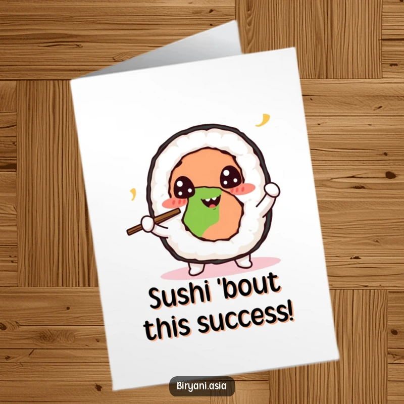 Funny Free Printable Sushi Congratulations Card: Cheerful sushi roll character juggling tiny chopsticks with happy eyes in celebration.