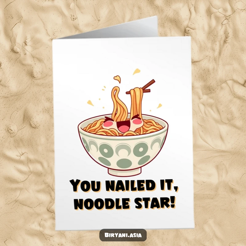 Funny Free Printable Congratulations Card: A happy bowl of ramen noodles juggles with chopsticks, celebrating your fantastic accomplishment.