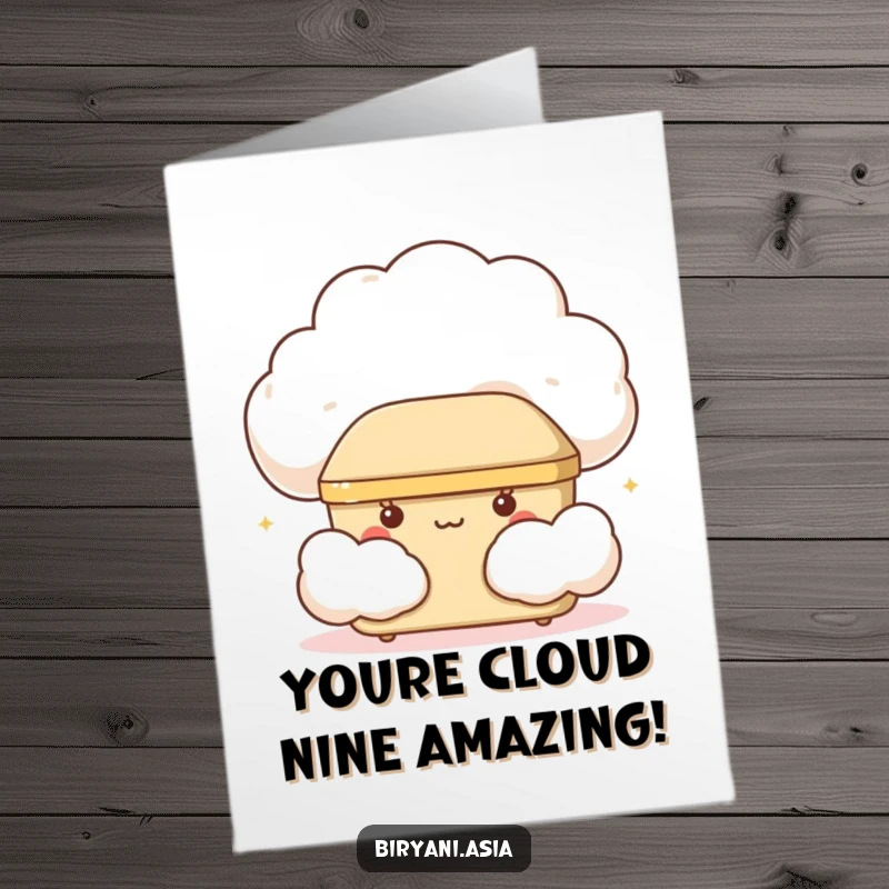 Funny free printable congratulations card with a giggling bento box behind a cloud, celebrating success.