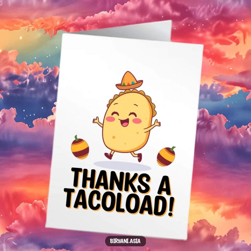 Funny Free Printable Taco Thank You Card: Smiling taco character doing a joyful jig with tiny maracas saying thank you.