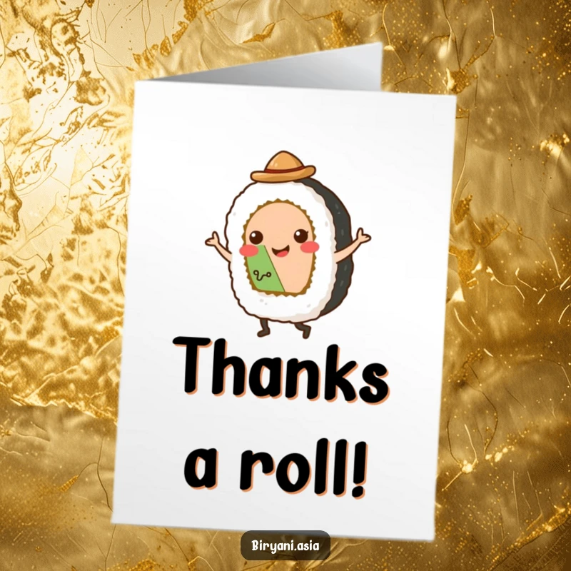 Funny Free Printable Thank You Card: A happy sushi roll with a hat performs a tap dance, perfect for expressing thanks.
