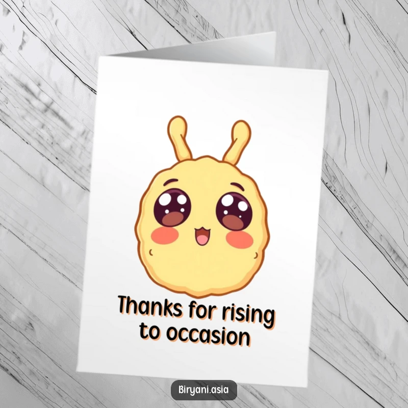 Funny free printable thank you card with a surprised tempura floating upwards, wide eyes full of thanks.