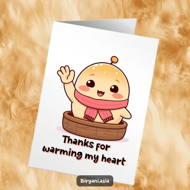 Funny free printable thank you card: a happy steamed bun with a scarf waves excitedly saying thank you.