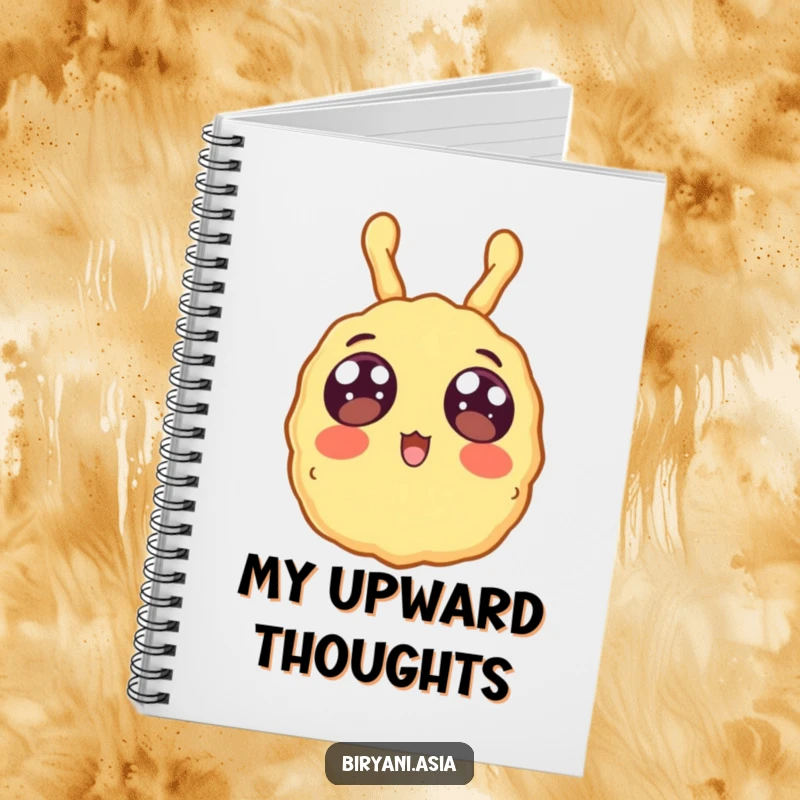 Funny surprised tempura floating upwards, a humorous notebook for jotting down ideas.