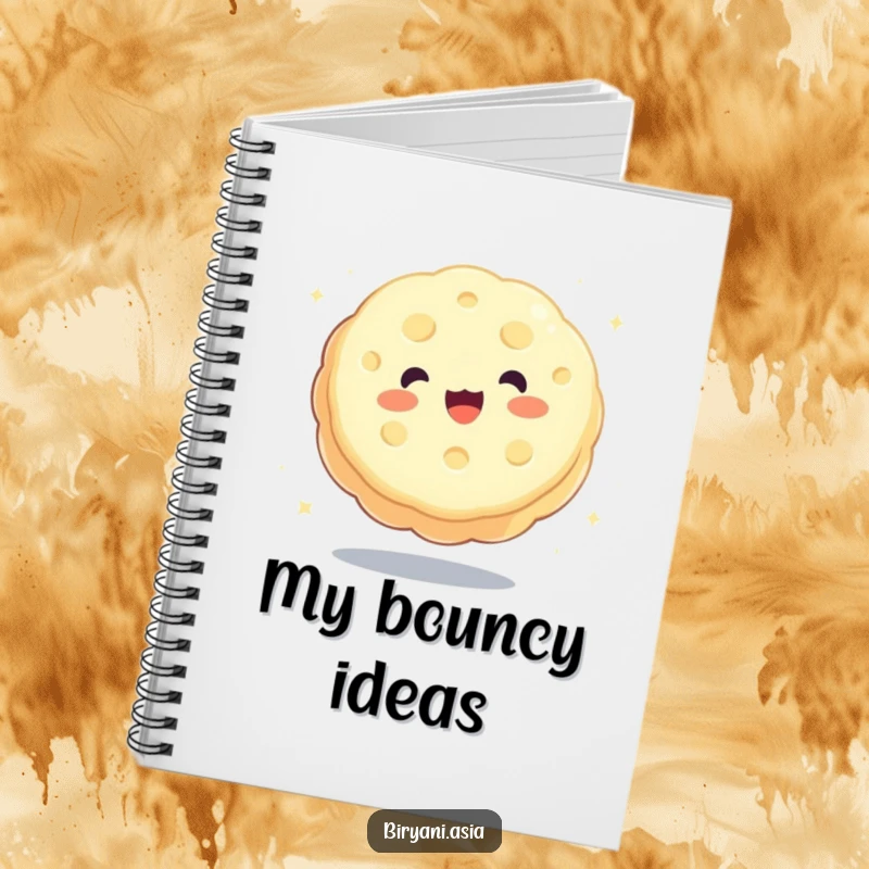 Funny charming mooncake happily bouncing like a ball, a humorous notebook for playful notes.