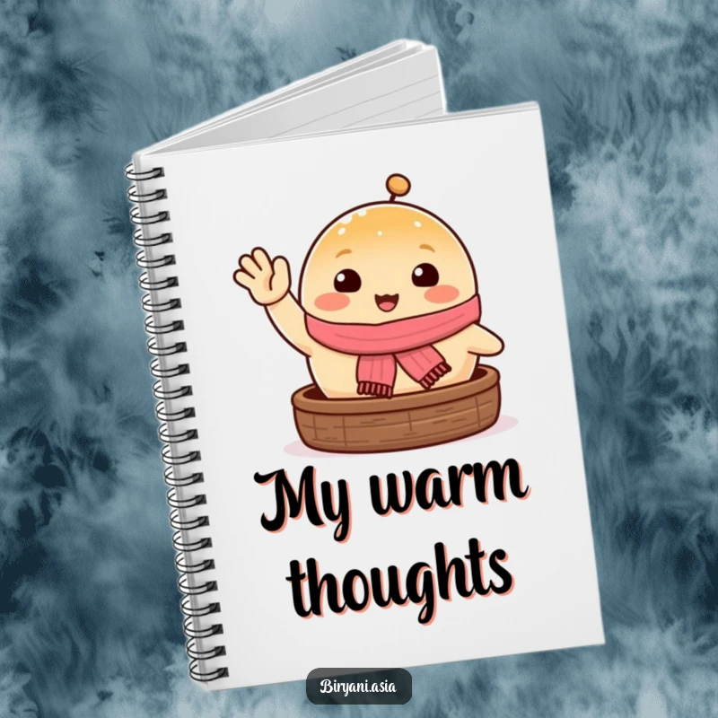 Funny happy steamed bun waving excitedly, a humorous notebook for cheerful notes.