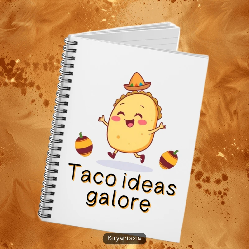Funny Taco Jig Notebook featuring a smiling taco character in a joyful jig with tiny maracas, perfect for jotting down funny ideas.