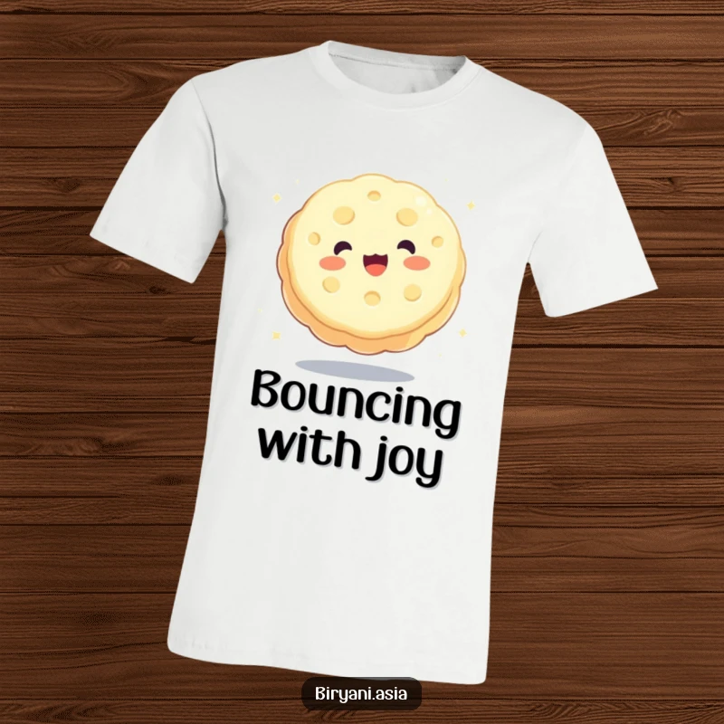 Funny charming mooncake happily bouncing like a ball on a t-shirt, a delightful and humorous graphic.