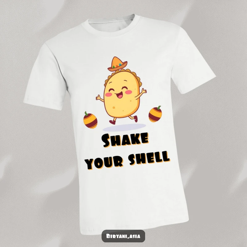 Funny Taco Jig T-Shirt showcasing a smiling taco character in a lively jig, shaking tiny maracas with infectious, happy taco energy.