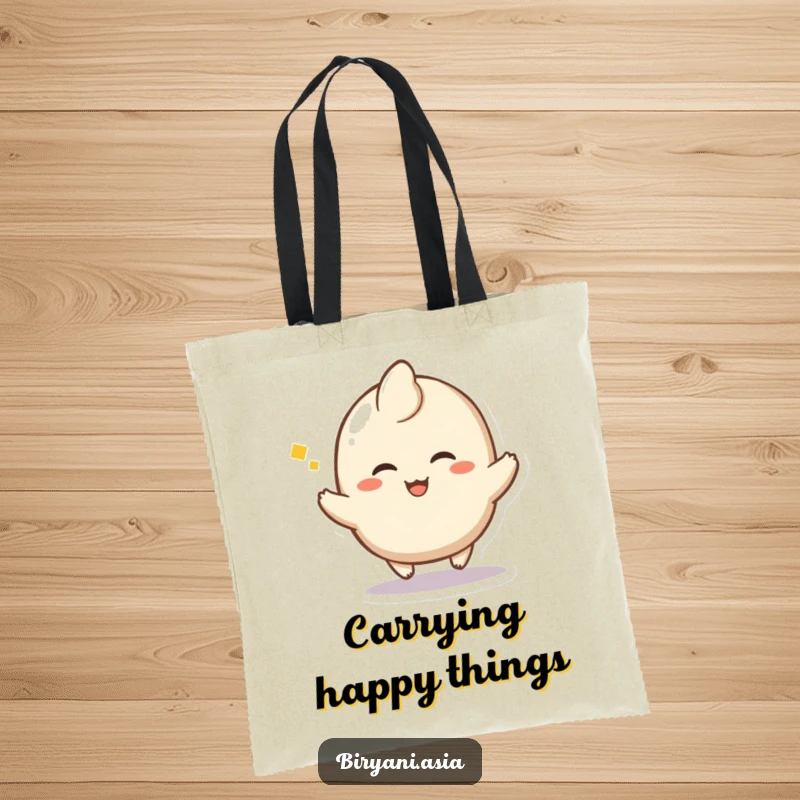 Funny Dumpling Hop Tote Bag showcasing a happy dumpling character in a small hop with a sigh of pure delight.