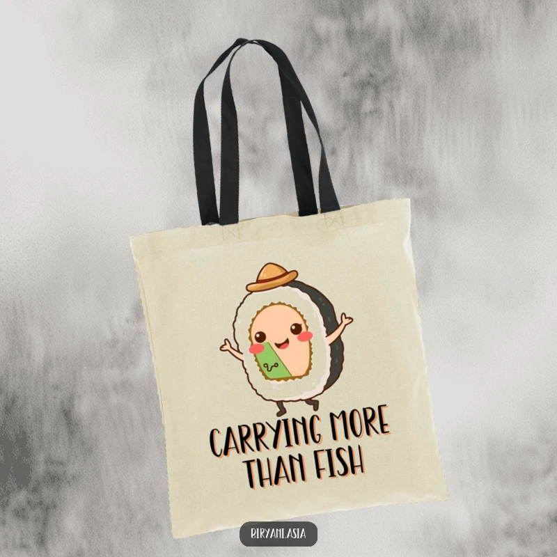Funny Tote Bag: A smiling sushi roll with a tiny hat doing a delightful tap dance, perfect for carrying groceries.