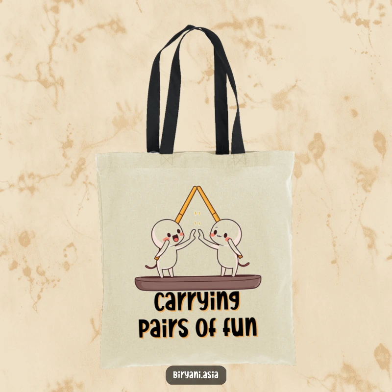 Funny chopsticks high-fiving each other, a humorous and practical tote bag.