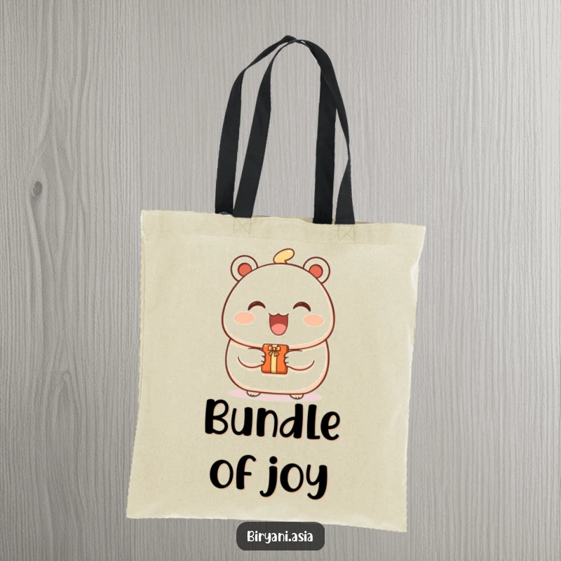 Funny Bao Bun Gift Tote Bag showcasing a joyful bao bun character smiling brightly while offering a tiny wrapped gift.