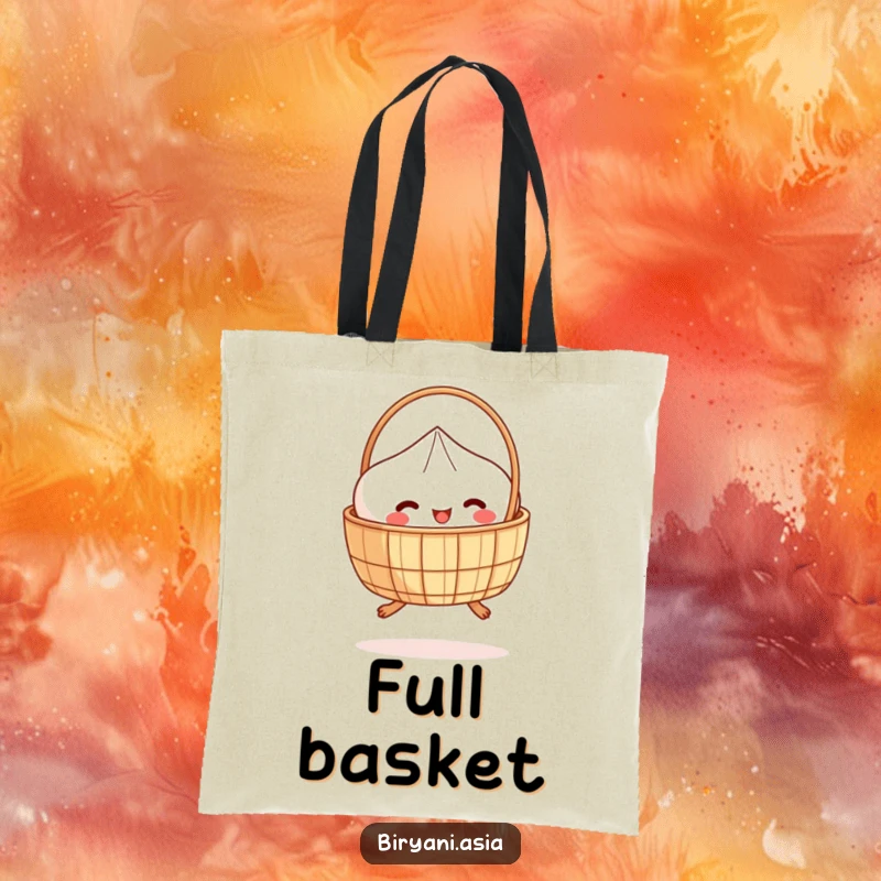 Funny Tote Bag: A happy dim sum basket with small legs, hopping with delight, perfect for carrying essentials.
