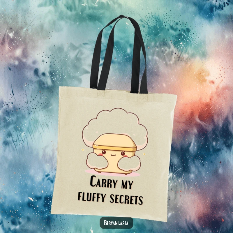 Funny giggling bento box peeking from a cloud, a charming and humorous tote bag for daily use.