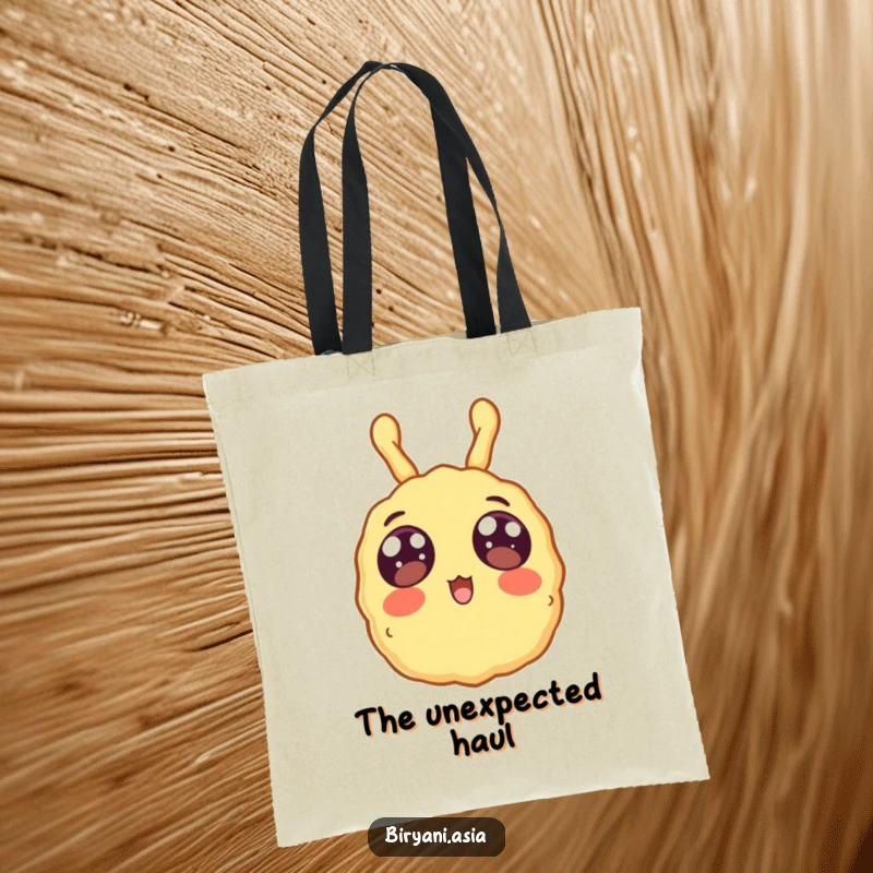 Funny surprised tempura floating upwards, a humorous and practical tote bag design.