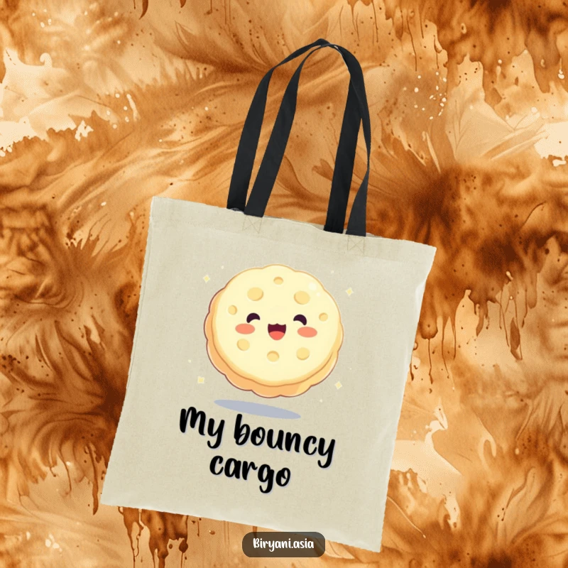 Funny charming mooncake bouncing happily, a humorous and practical tote bag.